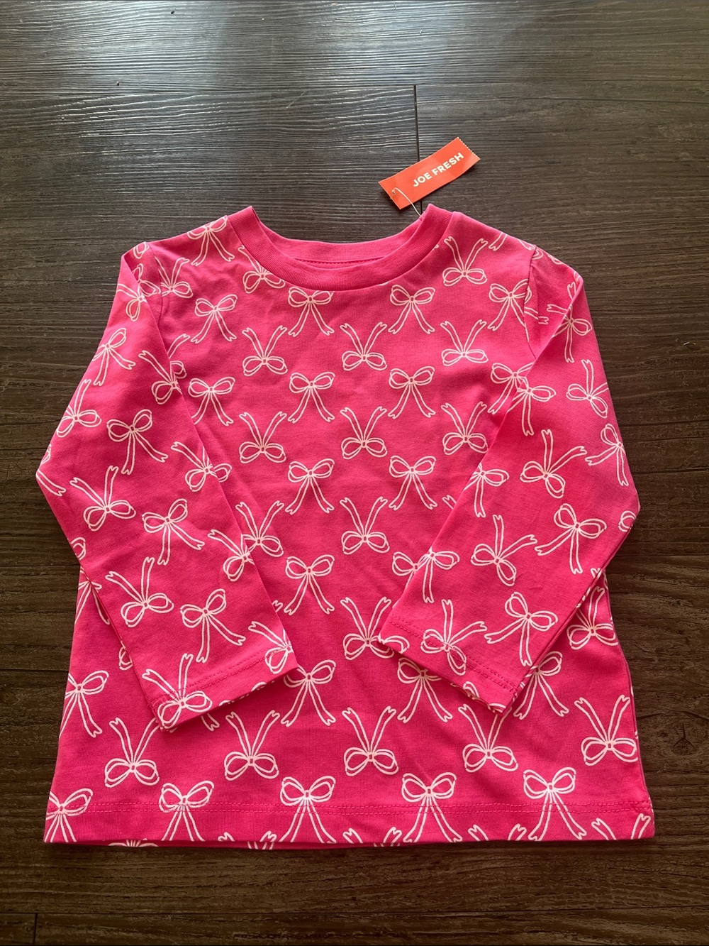 Joe Fresh Bright Pink Long Sleeve Top with White Bow Print 2T